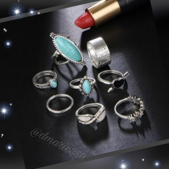 Antique Sliver Turquoise stackable ring 8pc set - Picture 2 of 4
